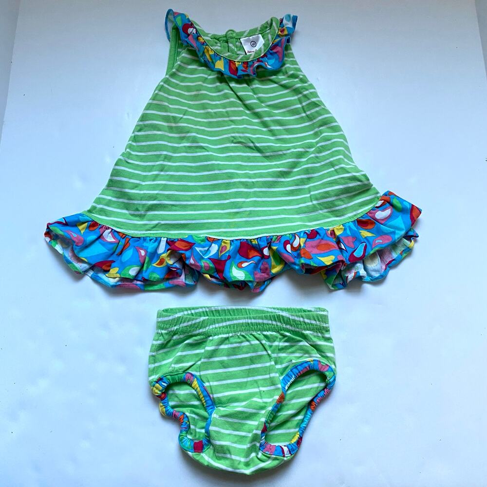 Hanna Andersson Green Striped Ruffled Playdress & Bloomers Outfit